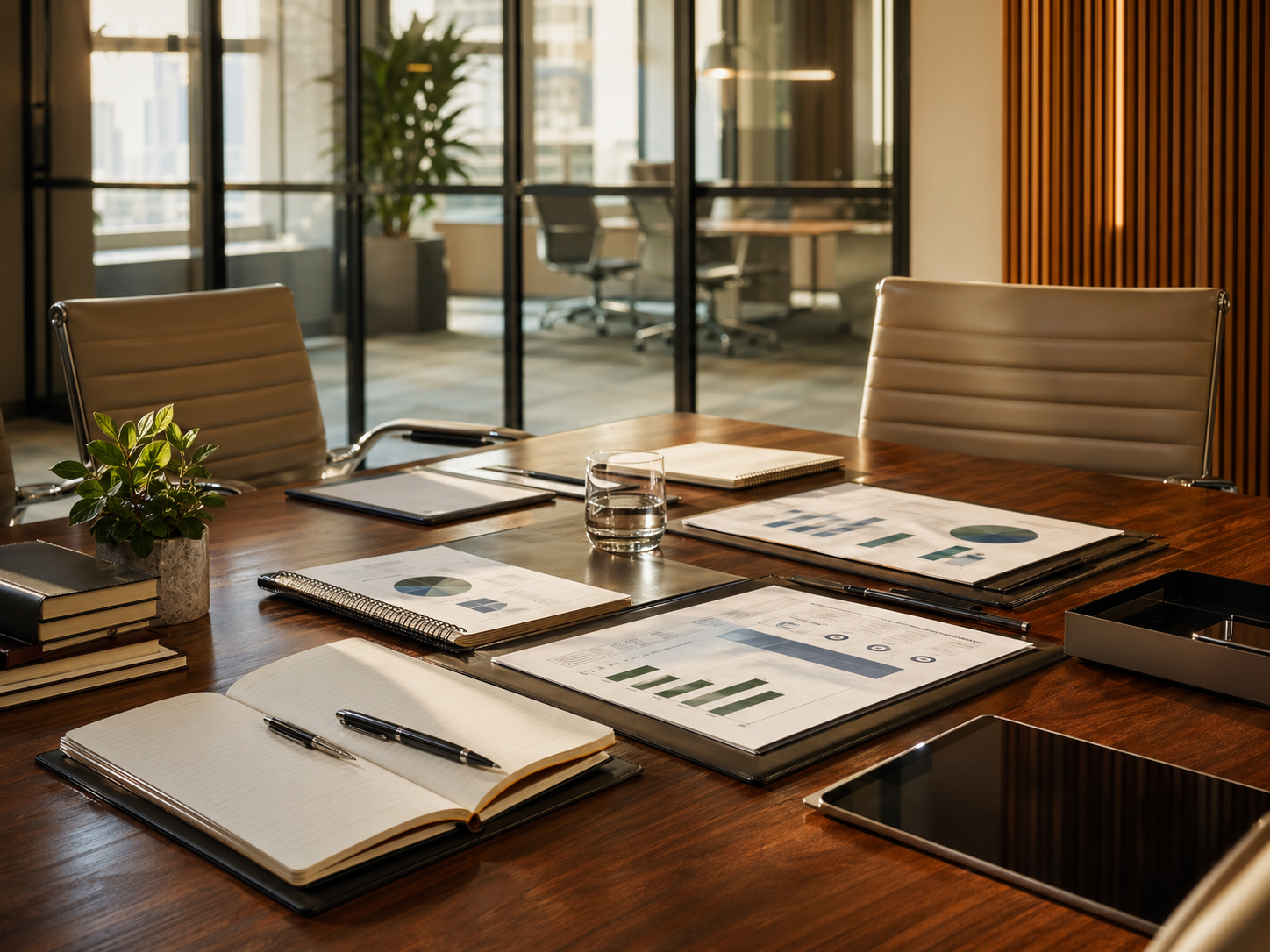 Meeting table arranged with planning materials in a modern office