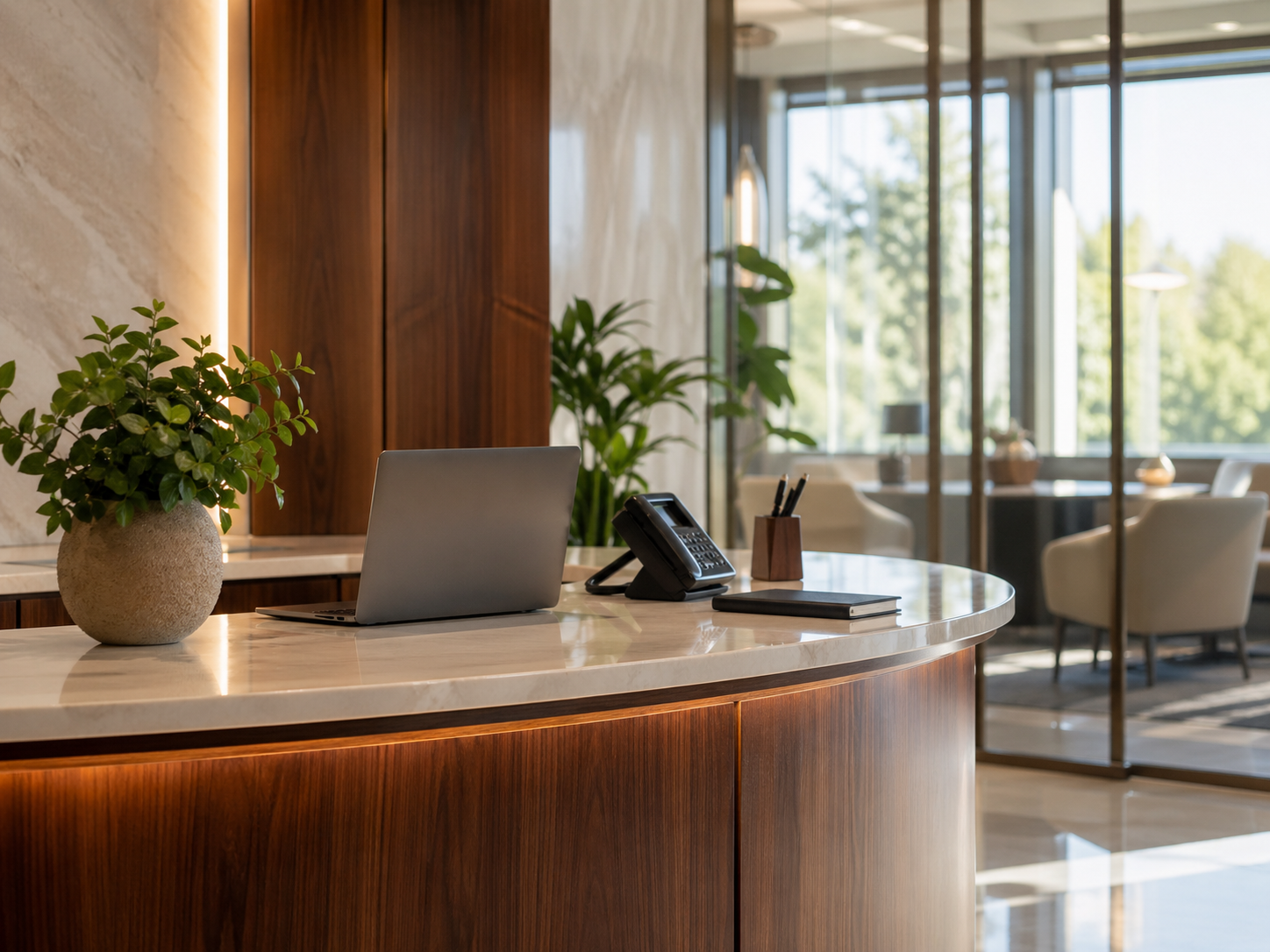 Professional office reception counter with laptop and notebook