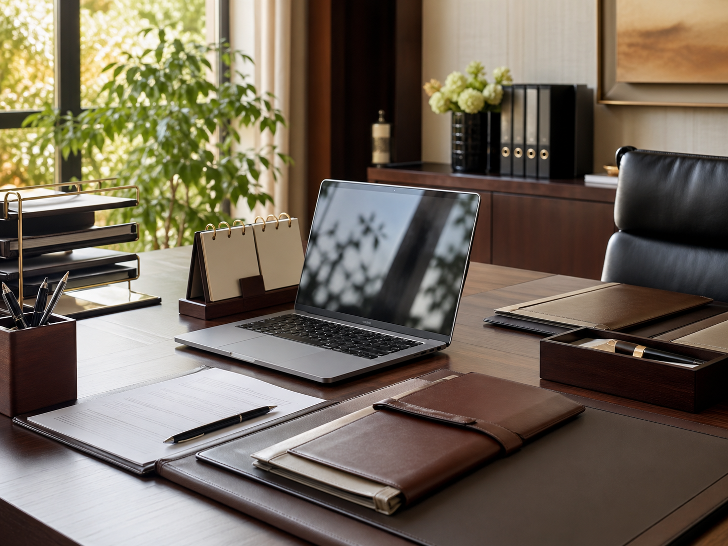 Organised office desk with documents, laptop, and calendar